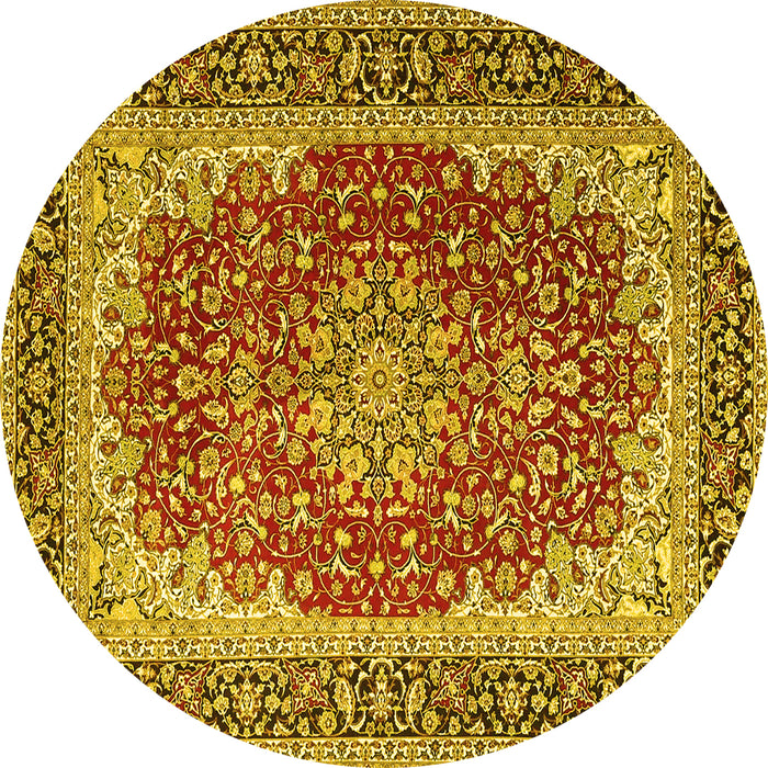 Round Machine Washable Medallion Yellow Traditional Rug, wshtr4641yw