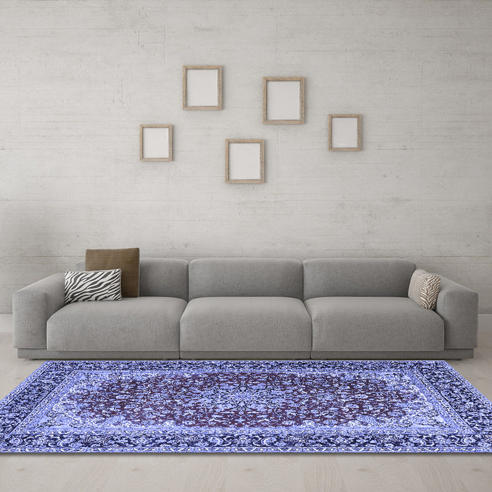 Machine Washable Medallion Blue Traditional Rug in a Living Room, wshtr4641blu