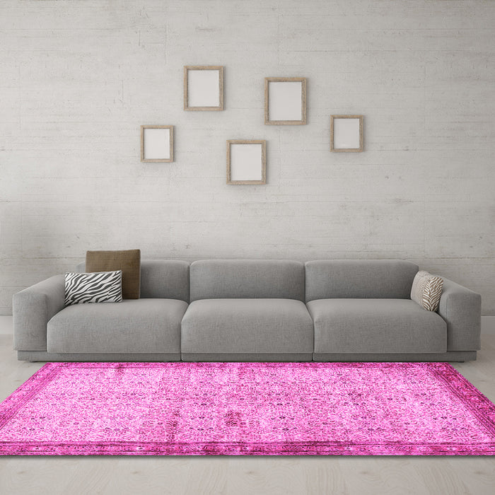 Machine Washable Oriental Pink Traditional Rug in a Living Room, wshtr4642pnk