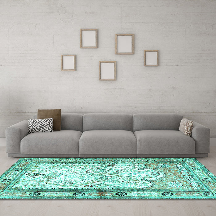 Machine Washable Animal Turquoise Traditional Area Rugs in a Living Room,, wshtr4643turq
