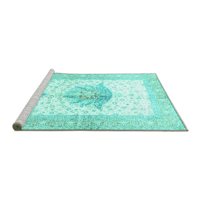 Sideview of Machine Washable Persian Turquoise Traditional Area Rugs, wshtr4644turq