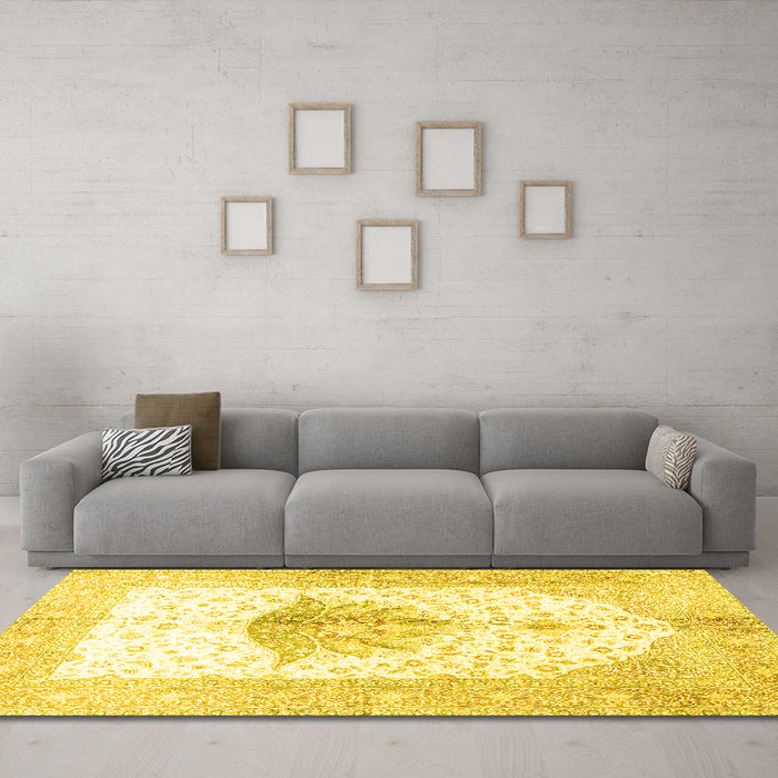 Machine Washable Persian Yellow Traditional Rug in a Living Room, wshtr4644yw