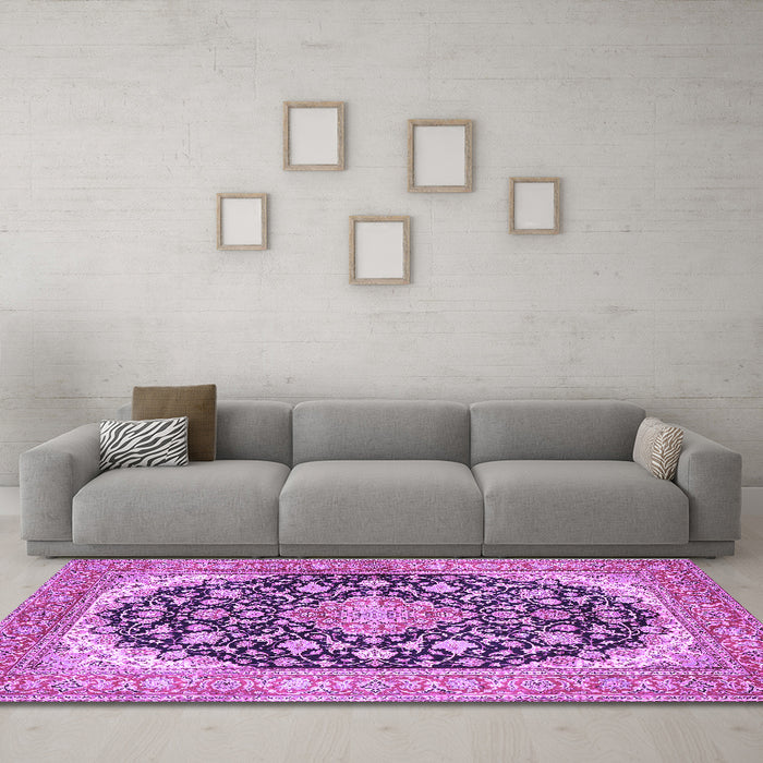 Machine Washable Medallion Purple Traditional Area Rugs in a Living Room, wshtr4645pur