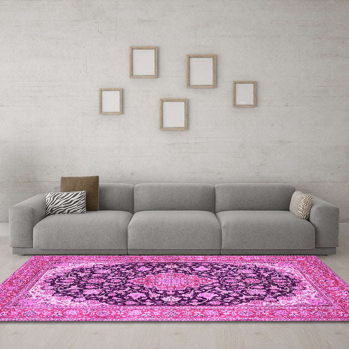 Machine Washable Medallion Pink Traditional Rug in a Living Room, wshtr4645pnk