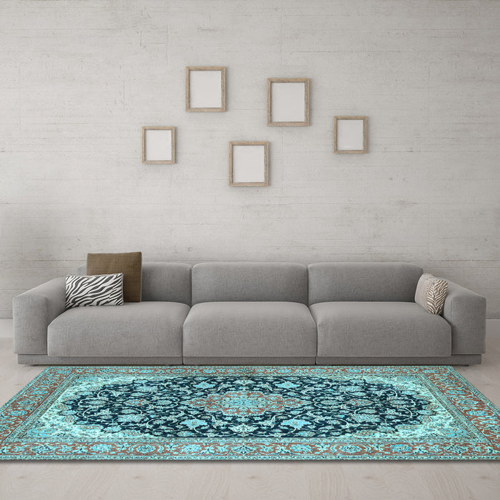 Machine Washable Medallion Light Blue Traditional Rug in a Living Room, wshtr4645lblu