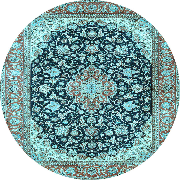 Round Machine Washable Medallion Light Blue Traditional Rug, wshtr4645lblu
