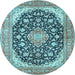 Round Machine Washable Medallion Light Blue Traditional Rug, wshtr4645lblu