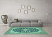 Machine Washable Medallion Turquoise Traditional Area Rugs in a Living Room,, wshtr4645turq