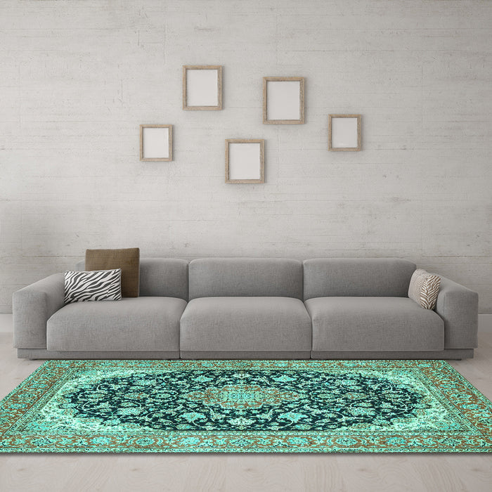 Machine Washable Medallion Turquoise Traditional Area Rugs in a Living Room,, wshtr4645turq