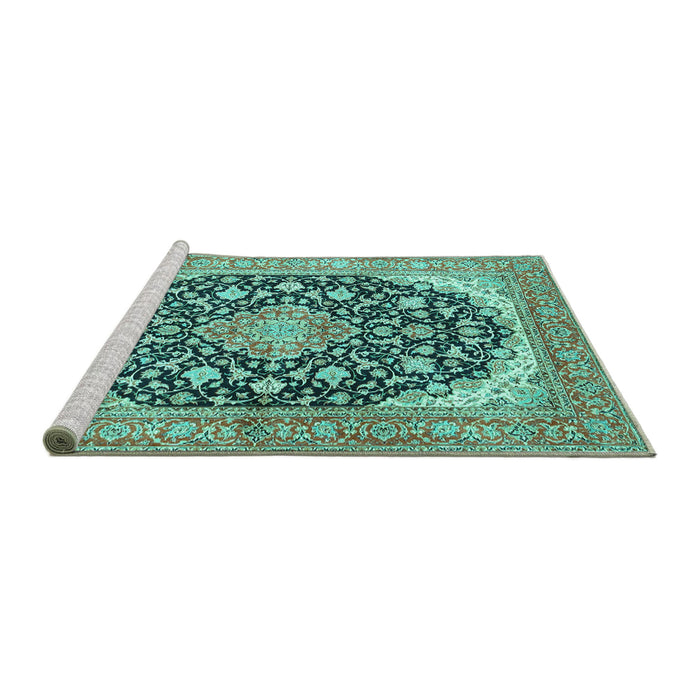 Sideview of Machine Washable Medallion Turquoise Traditional Area Rugs, wshtr4645turq