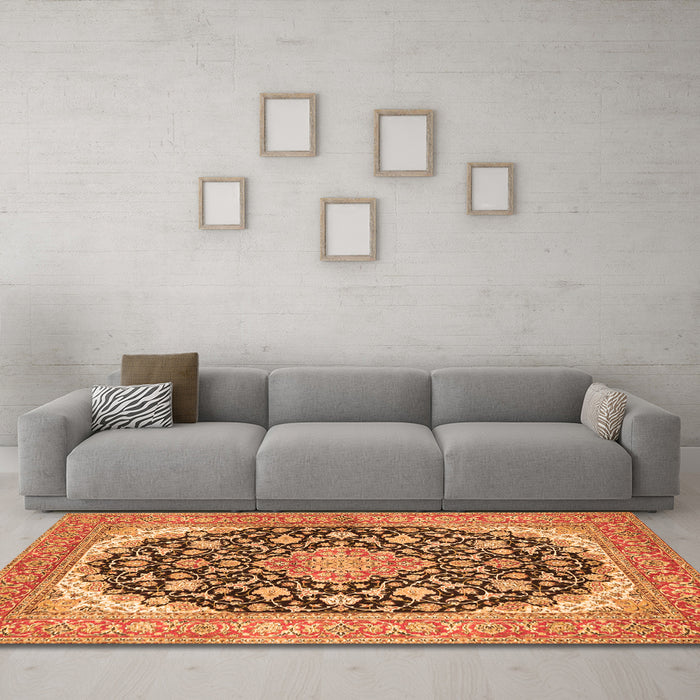 Machine Washable Medallion Orange Traditional Area Rugs in a Living Room, wshtr4645org