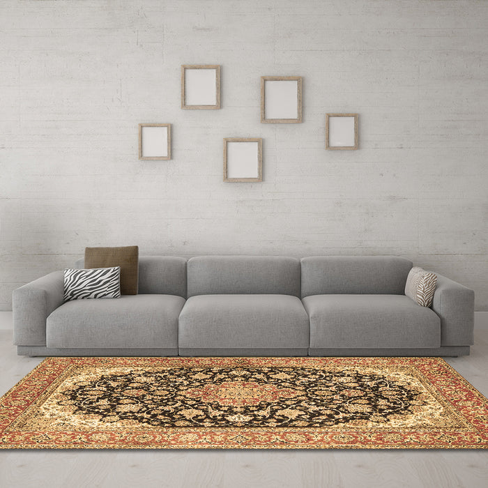 Machine Washable Medallion Brown Traditional Rug in a Living Room,, wshtr4645brn