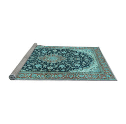 Sideview of Machine Washable Medallion Light Blue Traditional Rug, wshtr4645lblu