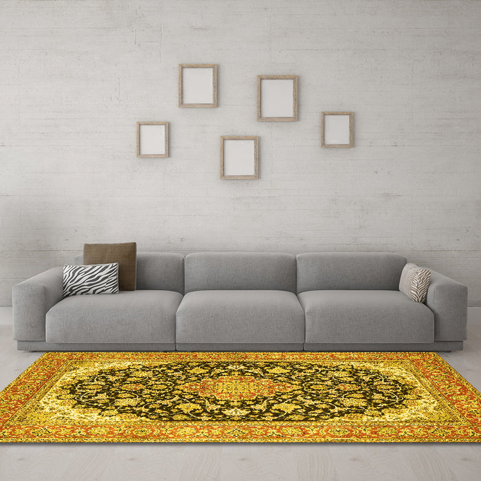 Machine Washable Medallion Yellow Traditional Rug in a Living Room, wshtr4645yw