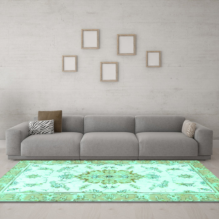 Machine Washable Medallion Turquoise Traditional Area Rugs in a Living Room,, wshtr4646turq