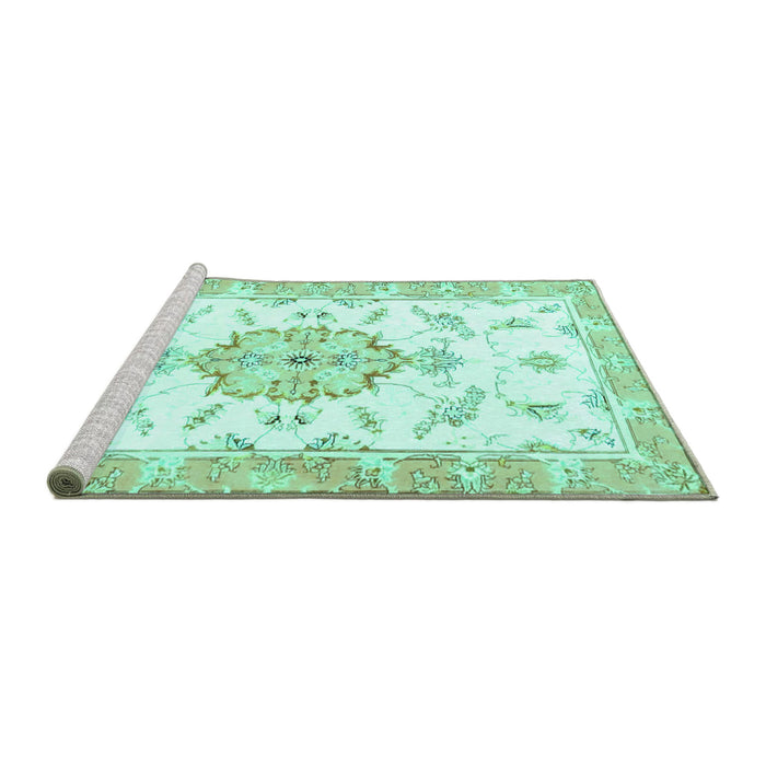 Sideview of Machine Washable Medallion Turquoise Traditional Area Rugs, wshtr4646turq