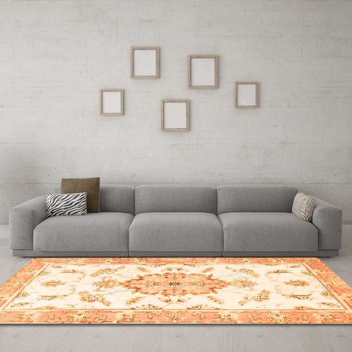 Machine Washable Medallion Orange Traditional Area Rugs in a Living Room, wshtr4646org