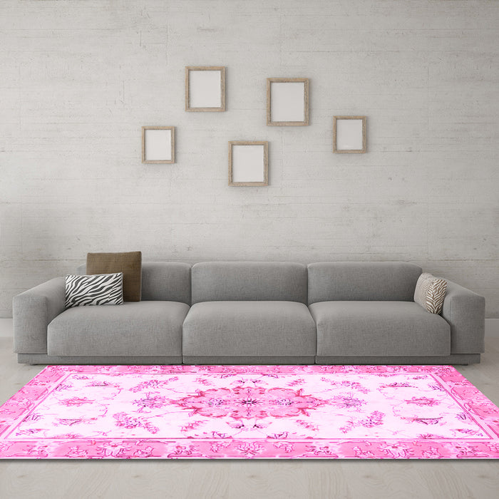 Machine Washable Medallion Pink Traditional Rug in a Living Room, wshtr4646pnk