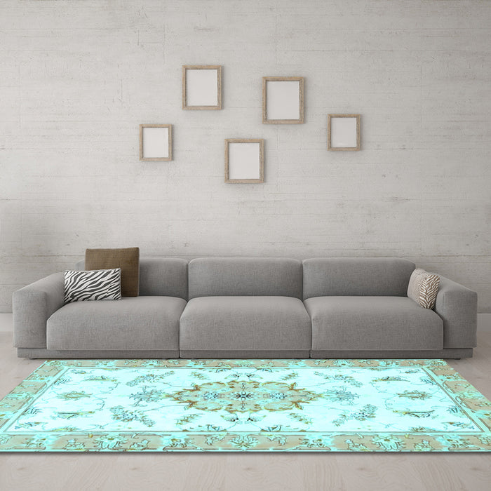 Machine Washable Medallion Light Blue Traditional Rug in a Living Room, wshtr4646lblu