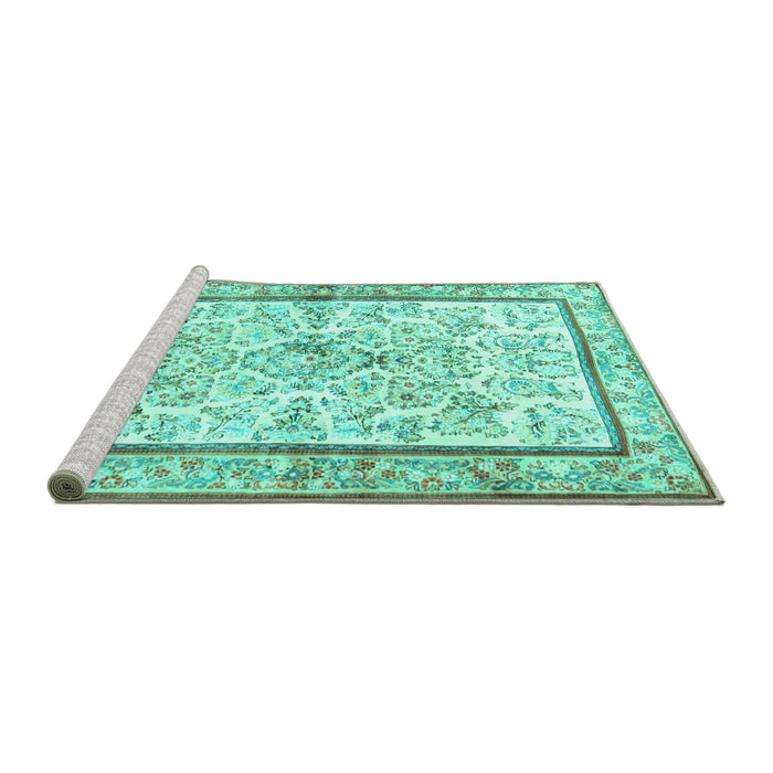 Sideview of Machine Washable Persian Turquoise Traditional Area Rugs, wshtr4648turq