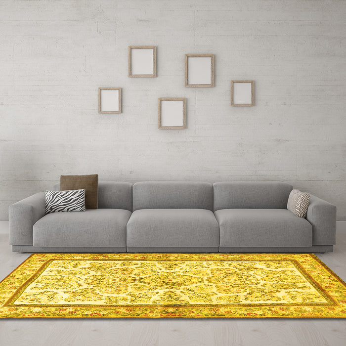 Machine Washable Persian Yellow Traditional Rug in a Living Room, wshtr4648yw