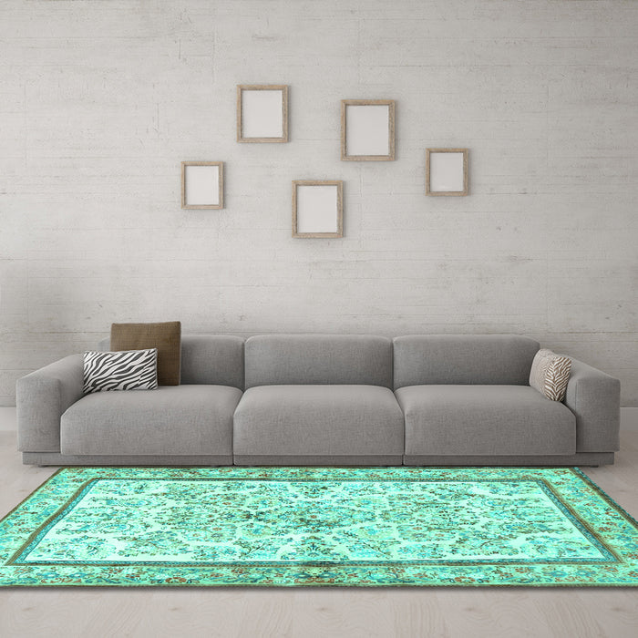 Machine Washable Persian Turquoise Traditional Area Rugs in a Living Room,, wshtr4648turq