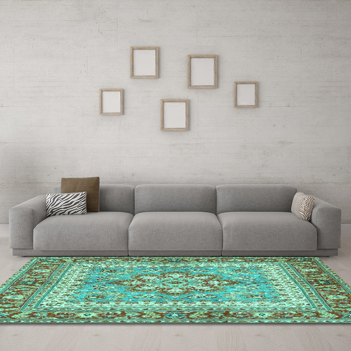 Machine Washable Persian Turquoise Traditional Area Rugs in a Living Room,, wshtr4649turq