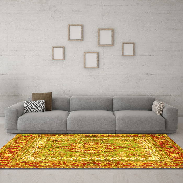 Machine Washable Persian Yellow Traditional Rug in a Living Room, wshtr4649yw