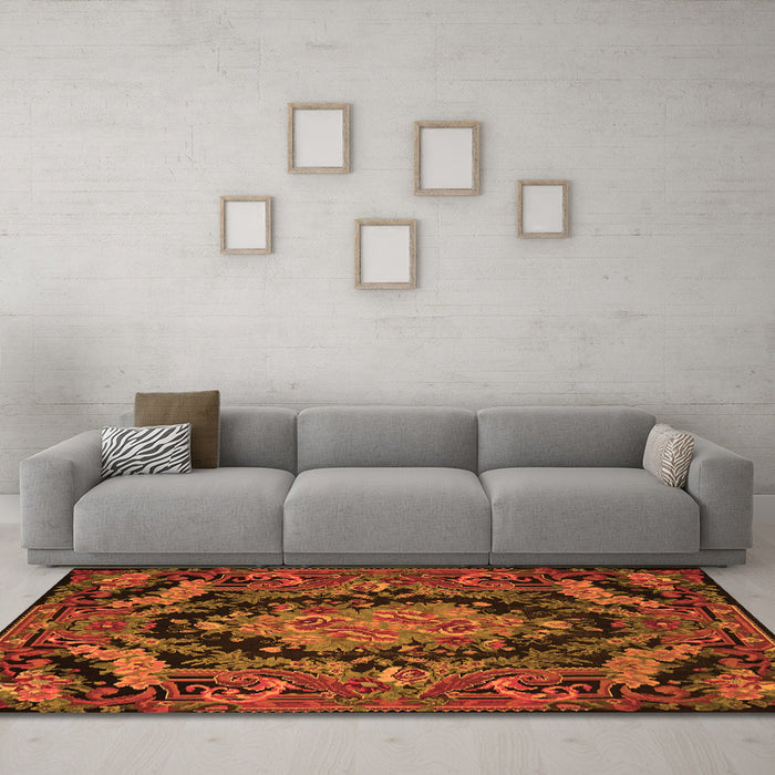 Machine Washable Medallion Orange French Area Rugs in a Living Room, wshtr464org