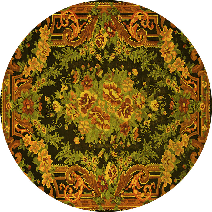 Round Machine Washable Medallion Yellow French Rug, wshtr464yw
