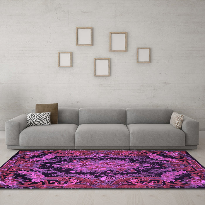 Machine Washable Medallion Purple French Area Rugs in a Living Room, wshtr464pur
