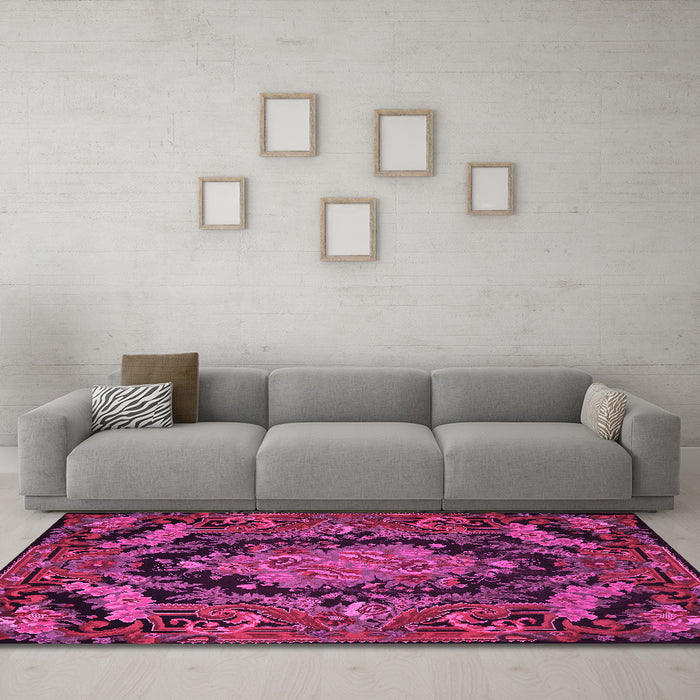 Machine Washable Medallion Pink French Rug in a Living Room, wshtr464pnk