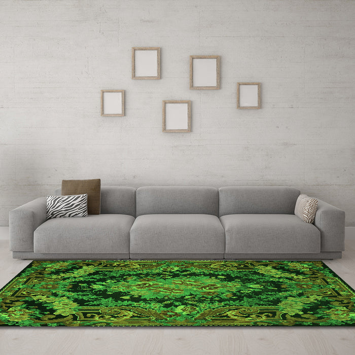 Machine Washable Medallion Green French Area Rugs in a Living Room,, wshtr464grn