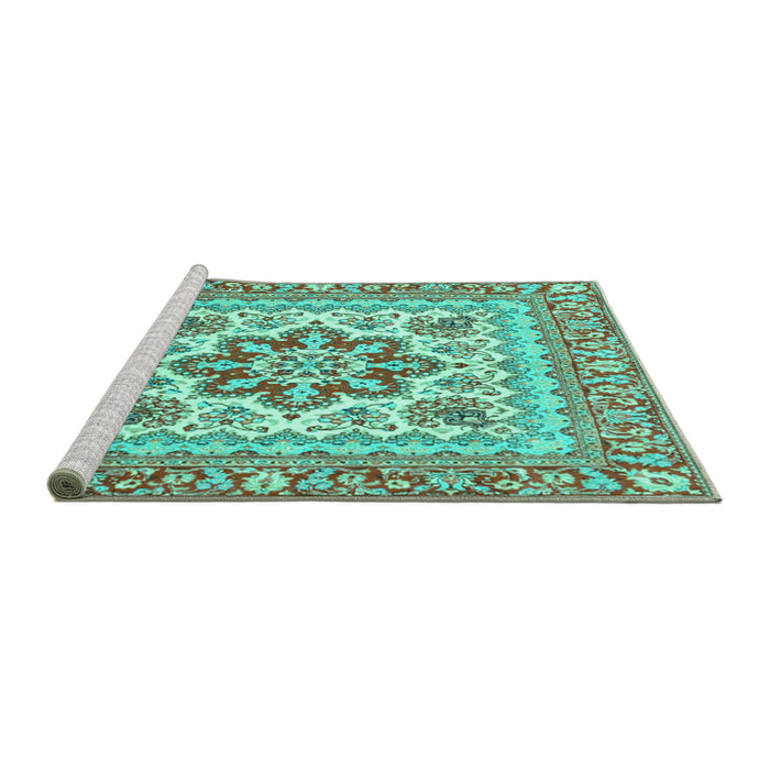 Sideview of Machine Washable Medallion Turquoise Traditional Area Rugs, wshtr4650turq