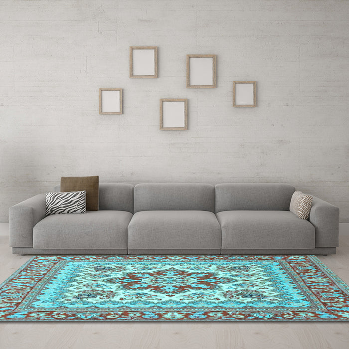 Machine Washable Medallion Light Blue Traditional Rug in a Living Room, wshtr4650lblu