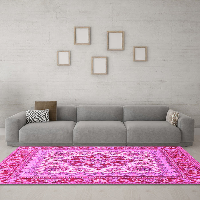 Machine Washable Medallion Pink Traditional Rug in a Living Room, wshtr4650pnk