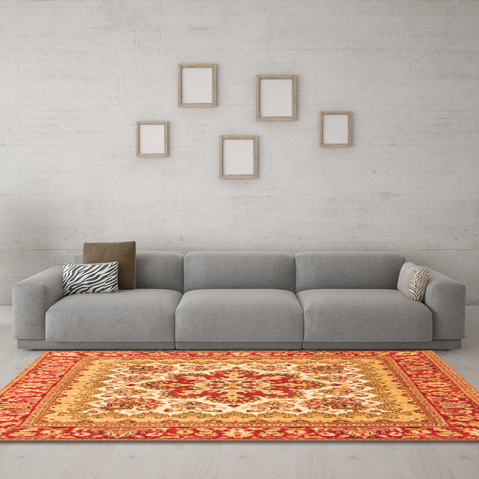 Machine Washable Medallion Orange Traditional Area Rugs in a Living Room, wshtr4650org