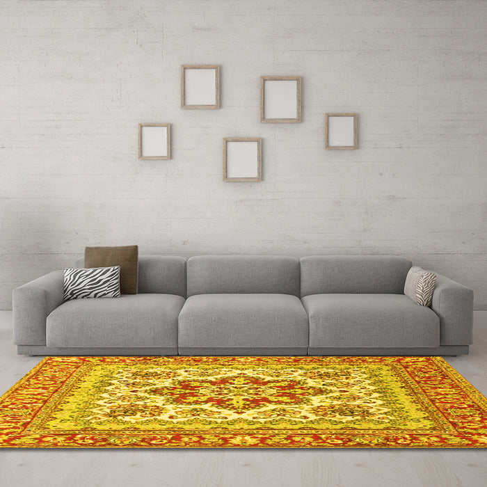 Machine Washable Medallion Yellow Traditional Rug in a Living Room, wshtr4650yw