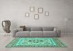 Machine Washable Medallion Turquoise Traditional Area Rugs in a Living Room,, wshtr4650turq