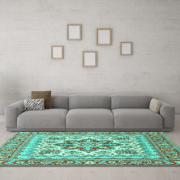 Machine Washable Medallion Turquoise Traditional Area Rugs in a Living Room,, wshtr4650turq