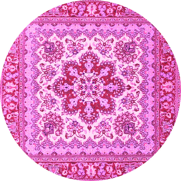 Round Machine Washable Medallion Pink Traditional Rug, wshtr4650pnk