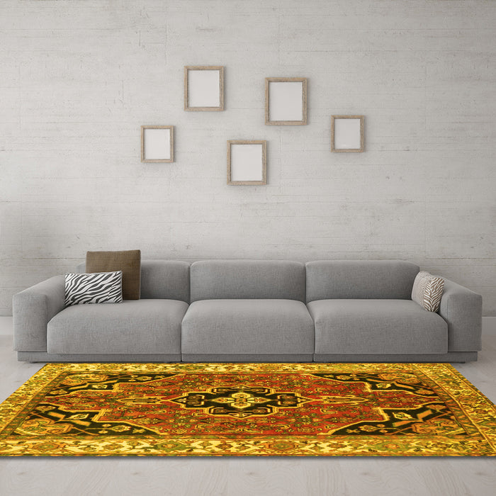 Machine Washable Oriental Yellow Traditional Rug in a Living Room, wshtr4651yw