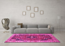 Machine Washable Oriental Pink Traditional Rug in a Living Room, wshtr4651pnk