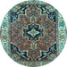 Round Machine Washable Oriental Light Blue Traditional Rug, wshtr4651lblu