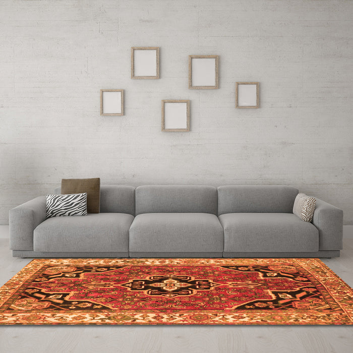 Machine Washable Oriental Orange Traditional Area Rugs in a Living Room, wshtr4651org