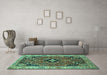 Machine Washable Oriental Turquoise Traditional Area Rugs in a Living Room,, wshtr4651turq