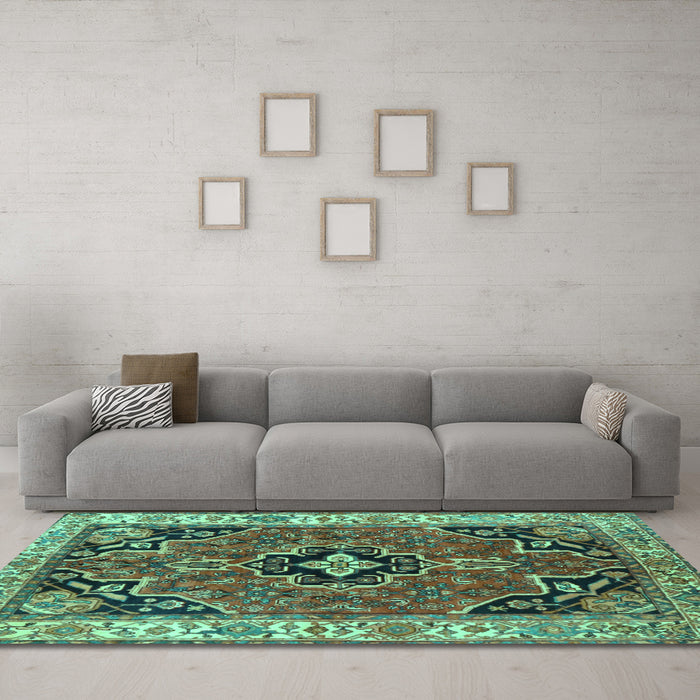 Machine Washable Oriental Turquoise Traditional Area Rugs in a Living Room,, wshtr4651turq