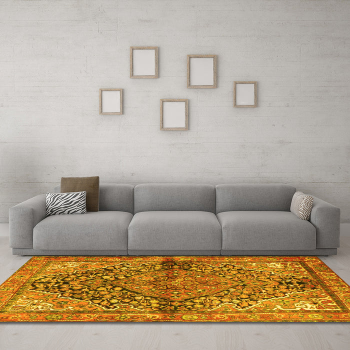 Machine Washable Medallion Yellow Traditional Rug in a Living Room, wshtr4652yw