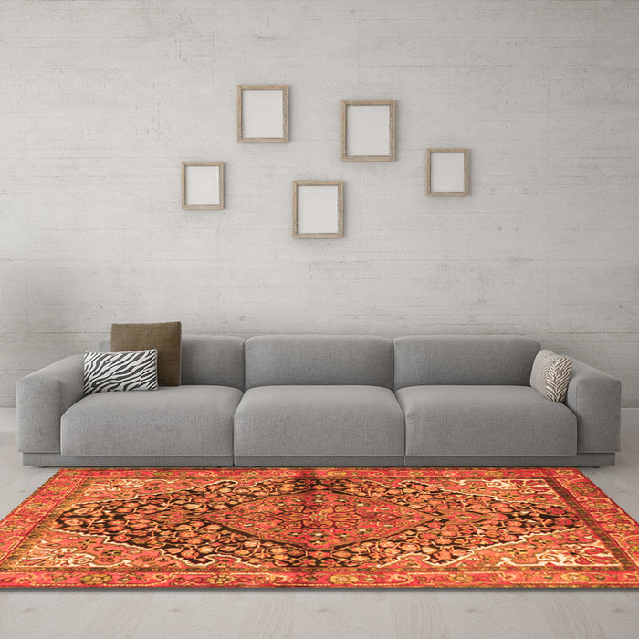 Machine Washable Medallion Orange Traditional Area Rugs in a Living Room, wshtr4652org