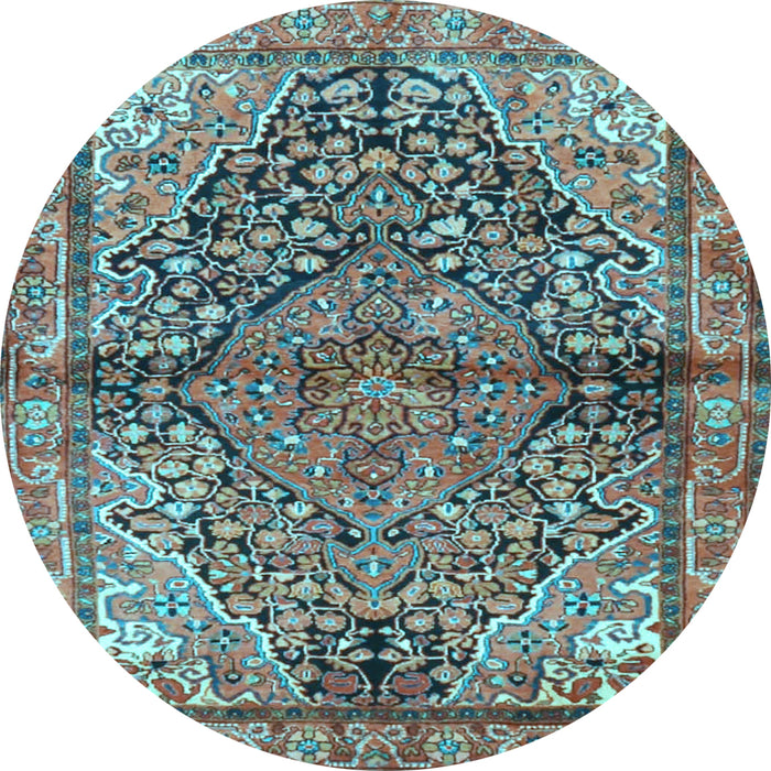 Round Machine Washable Medallion Light Blue Traditional Rug, wshtr4652lblu